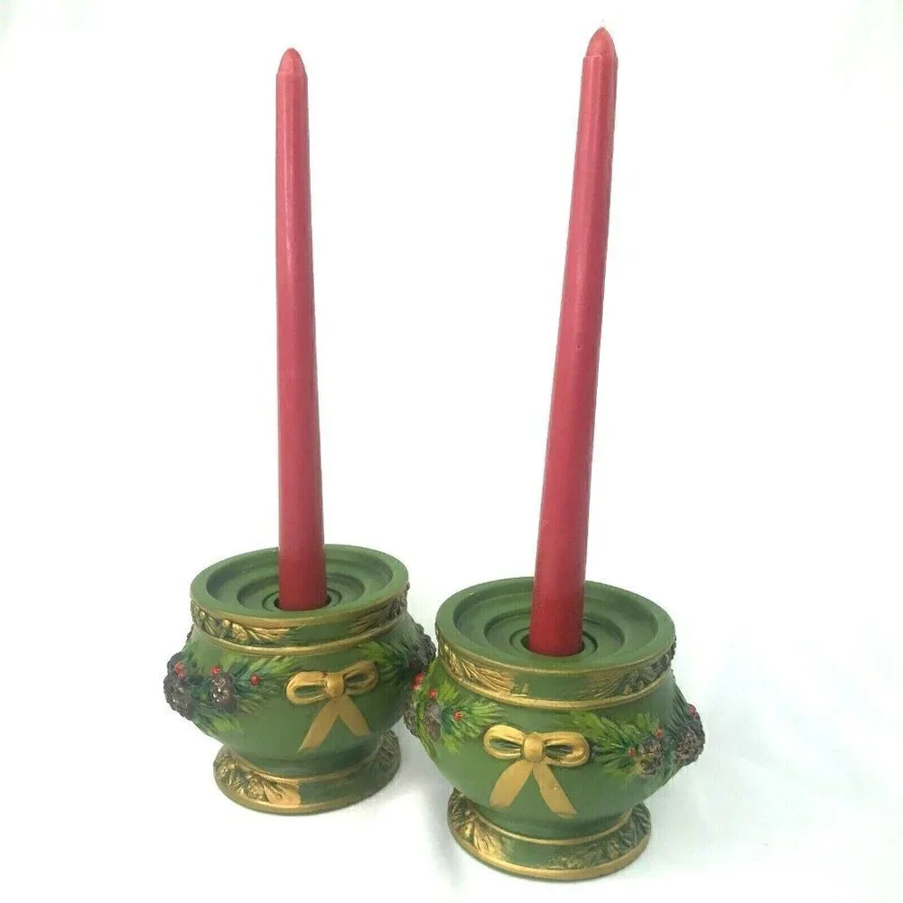 Napcoware Napco Taper Candle Holder Set of 2 Green Vtg MCM Christmas Pinecone